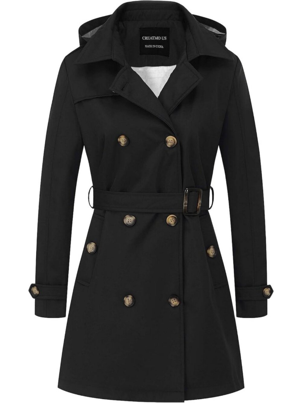 Chic Women's Double-Breasted Trench Coat with Belt & Detachable Hood - Slim Fit